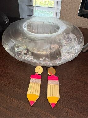 Novelty Pencil Drop Earrings in Pink, Yellow & Gold